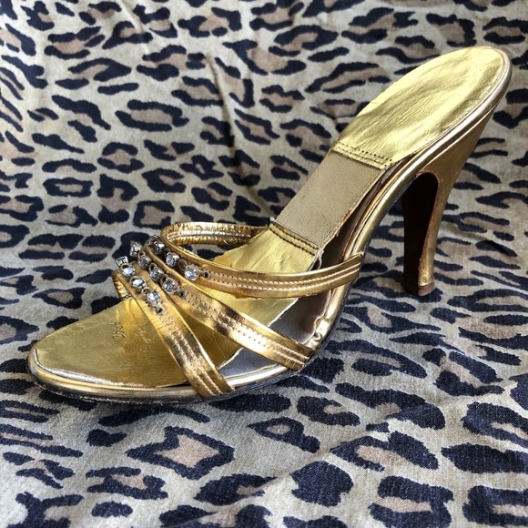 VTG 1950s Rhinestone Studded Gold Springolators High Heel Mules US 5 - Picture 4 of 9